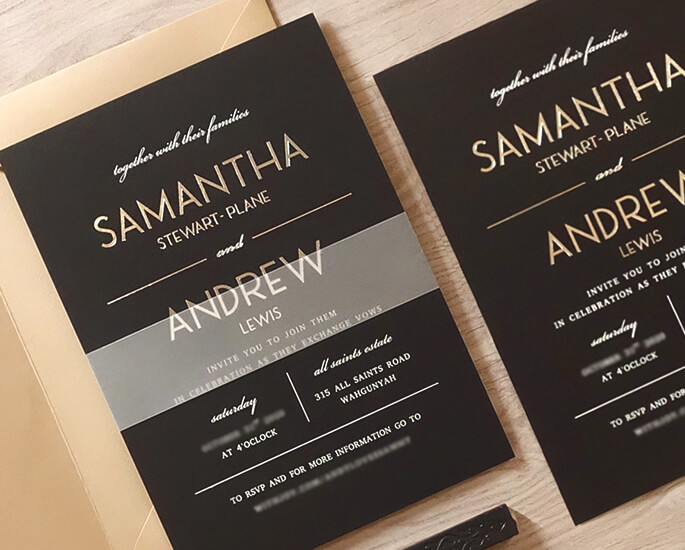 Black Matte wedding invitation screenprint and foil 